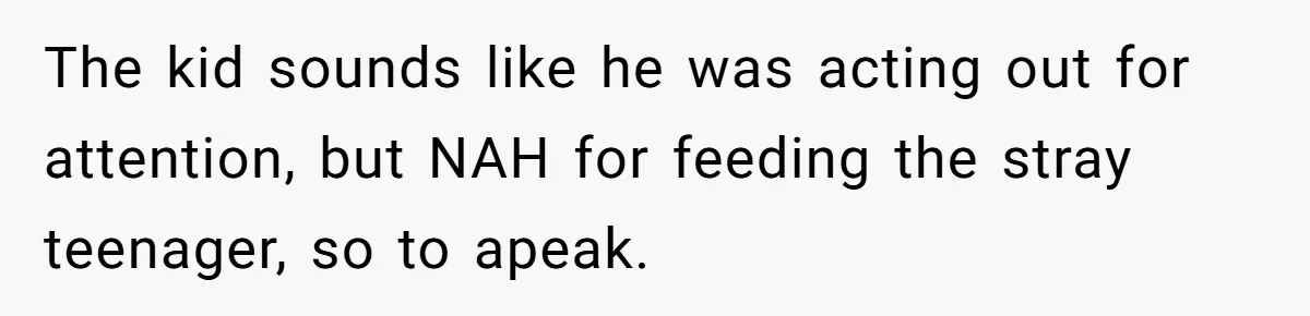 The kid sounds like he was acting out for attention, but NAH for feeding the stray teenager, so to apeak.