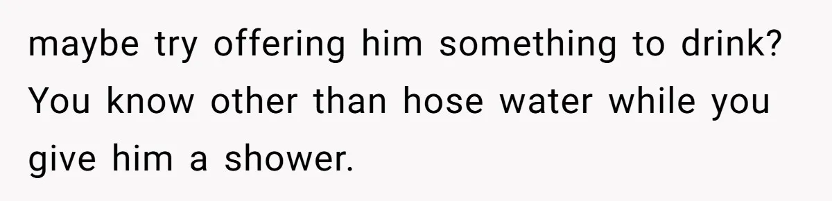 maybe try offering him something to drink? You know other than hose water while you give him a shower.