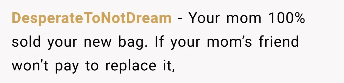 DesperateToNotDream − Your mom 100% sold your new bag. If your mom’s friend won’t pay to replace it,