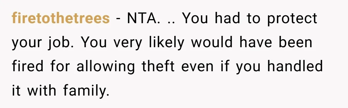 firetothetrees − NTA. .. You had to protect your job. You very likely would have been fired for allowing theft even if you handled it with family.