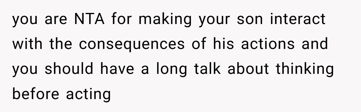 you are NTA for making your son interact with the consequences of his actions and you should have a long talk about thinking before acting