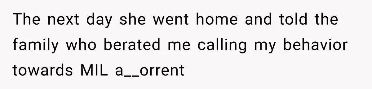 The next day she went home and told the family who berated me calling my behavior towards MIL a__orrent