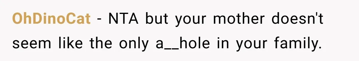 OhDinoCat − NTA but your mother doesn't seem like the only a__hole in your family.