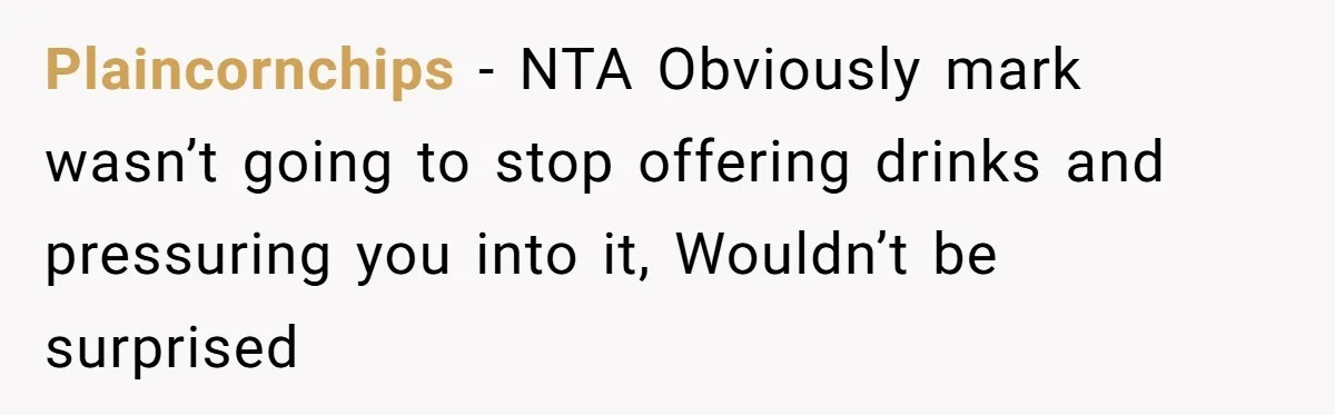 Plaincornchips − NTA Obviously mark wasn’t going to stop offering drinks and pressuring you into it, Wouldn’t be surprised
