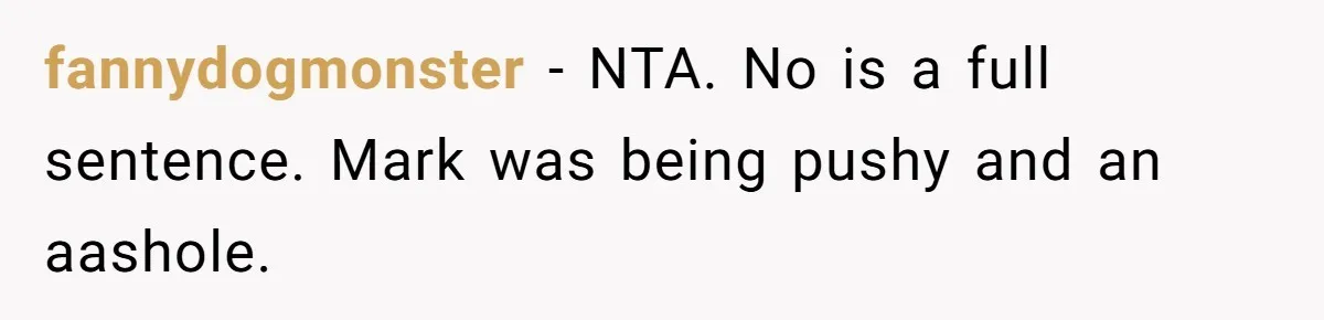 fannydogmonster − NTA. No is a full sentence. Mark was being pushy and an aashole.