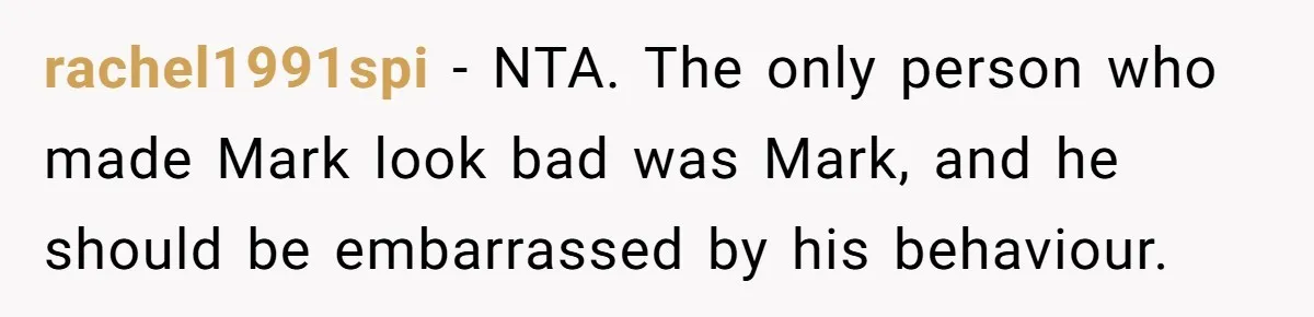 rachel1991spi − NTA. The only person who made Mark look bad was Mark, and he should be embarrassed by his behaviour.