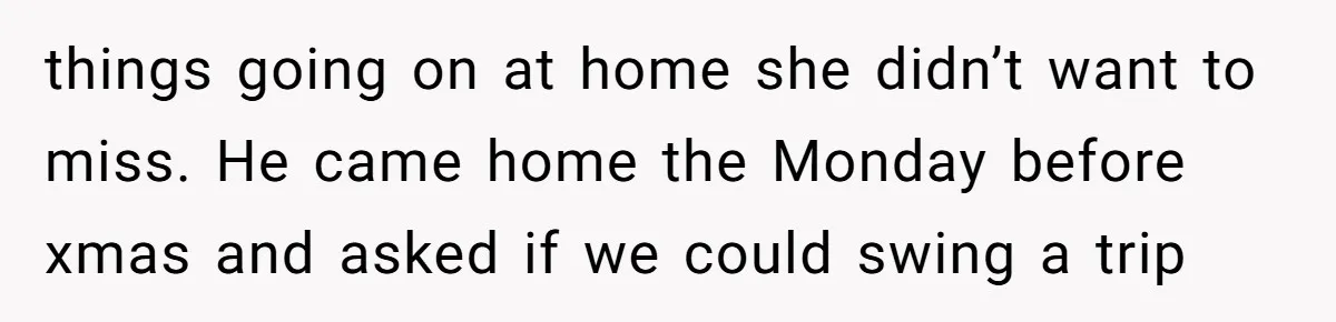 Busy Mom Rejects 3:30 AM Airport Run for Husband Who Is Leaving on a Secret Family Trip things going on at home she didn’t want to miss. He came home the Monday before xmas and asked if we could swing a trip