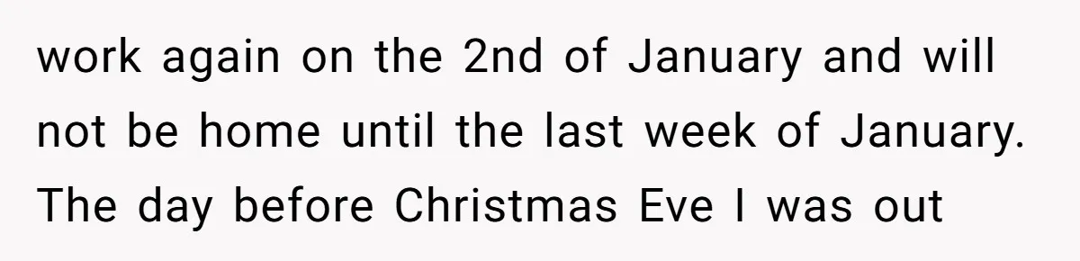 Busy Mom Rejects 3:30 AM Airport Run for Husband Who Is Leaving on a Secret Family Trip work again on the 2nd of January and will not be home until the last week of January. The day before Christmas Eve I was out