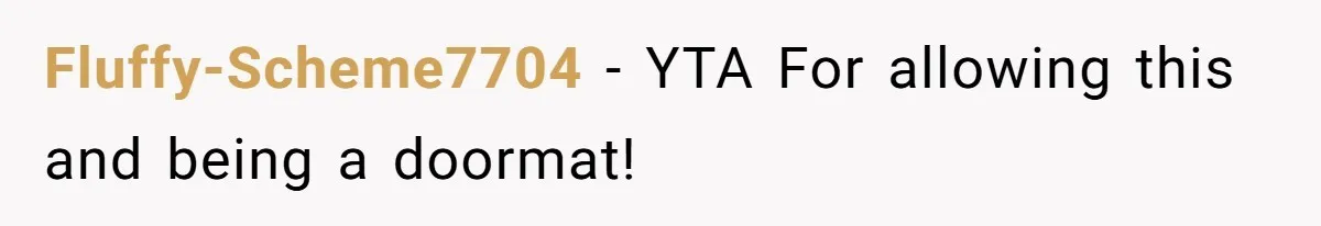 Fluffy-Scheme7704 − YTA For allowing this and being a doormat!