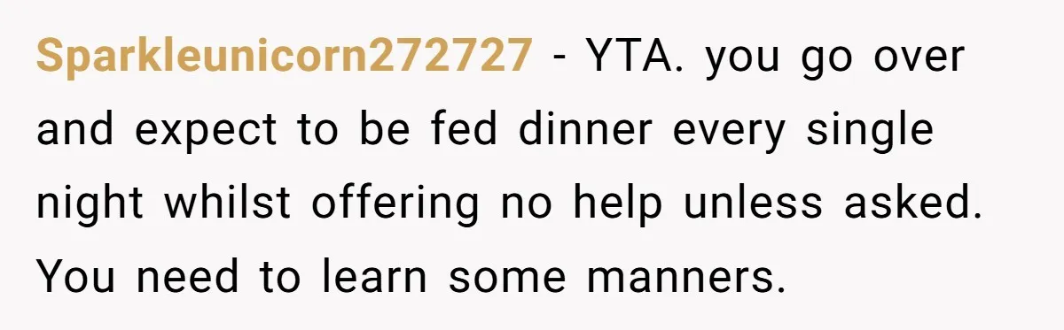 A Hard Lesson in Boundaries: When 30-Something Dating Meets Parent-Home Living Sparkleunicorn272727 − YTA. you go over and expect to be fed dinner every single night whilst offering no help unless asked. You need to learn some manners.