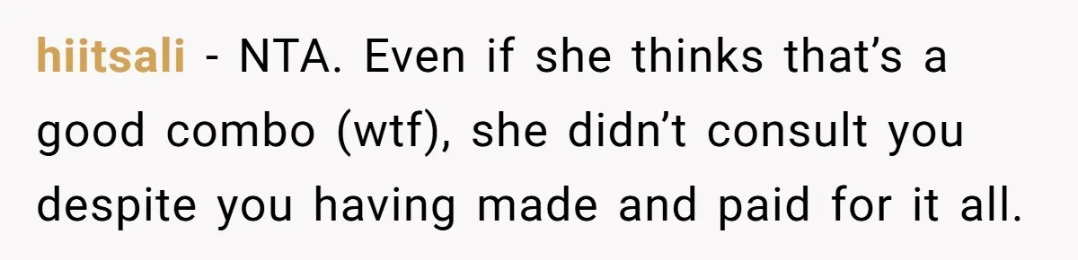 hiitsali - NTA. Even if she thinks that’s a good combo (wtf), she didn’t consult you despite you having made and paid for it all.