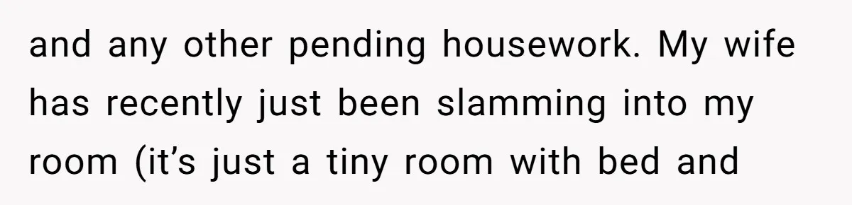 and any other pending housework. My wife has recently just been slamming into my room (it’s just a tiny room with bed and