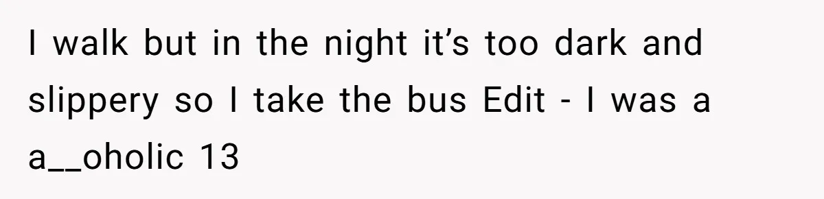I walk but in the night it’s too dark and slippery so I take the bus Edit - I was a a__oholic 13