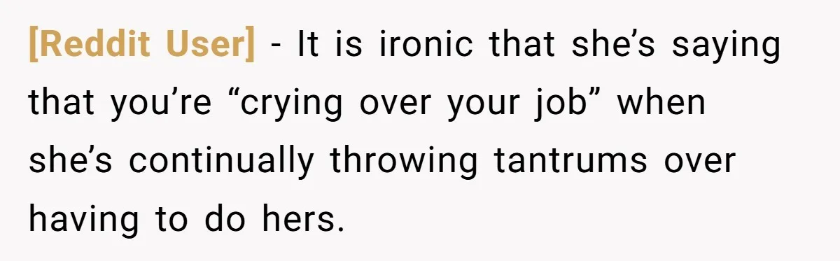 [Reddit User] - It is ironic that she’s saying that you’re “crying over your job” when she’s continually throwing tantrums over having to do hers.