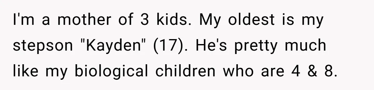 Mom Surprised After Stepson Asks for Babysitting Money Following a 5-Kid Emergency I'm a mother of 3 kids. My oldest is my stepson "Kayden" (17). He's pretty much like my biological children who are 4 & 8.