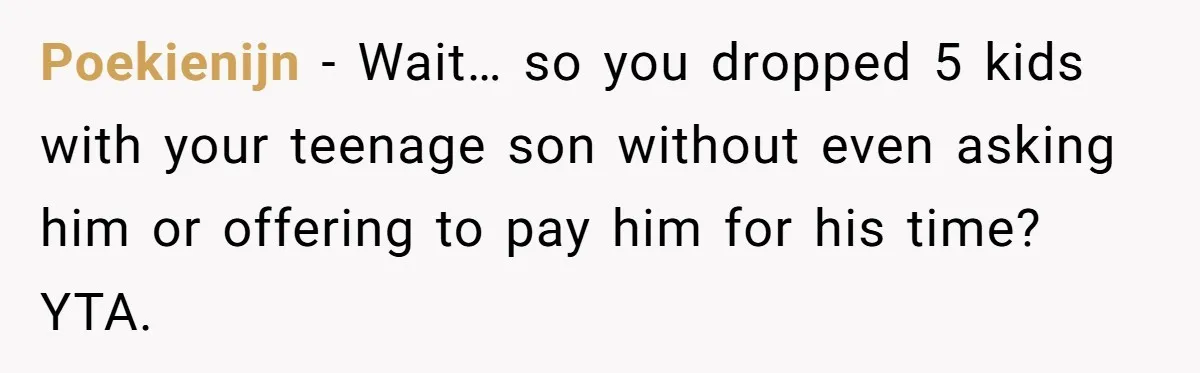Mom Surprised After Stepson Asks for Babysitting Money Following a 5-Kid Emergency Poekienijn − Wait… so you dropped 5 kids with your teenage son without even asking him or offering to pay him for his time? YTA.