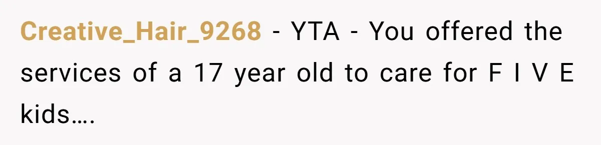 Mom Surprised After Stepson Asks for Babysitting Money Following a 5-Kid Emergency Creative_Hair_9268 − YTA - You offered the services of a 17 year old to care for F I V E kids….
