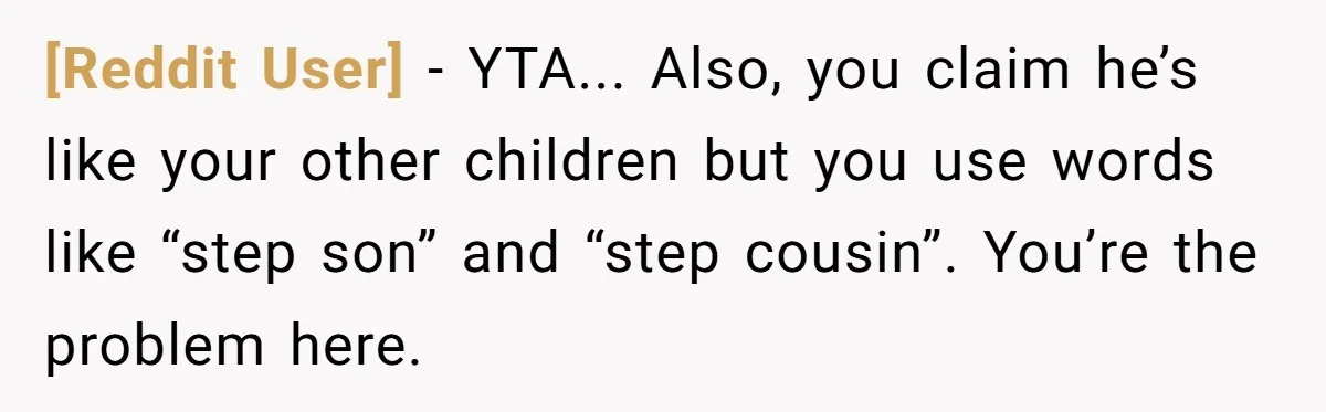 [Reddit User] − YTA... Also, you claim he’s like your other children but you use words like “step son” and “step cousin”. You’re the problem here.