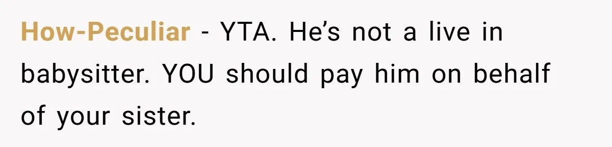 Mom Surprised After Stepson Asks for Babysitting Money Following a 5-Kid Emergency How-Peculiar − YTA. He’s not a live in babysitter. YOU should pay him on behalf of your sister.