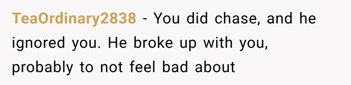 He Thought She’d Beg After The Breakup, But She Didn’t Play His Game And Moved On TeaOrdinary2838 − You did chase, and he ignored you. He broke up with you, probably to not feel bad about