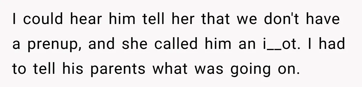 I could hear him tell her that we don't have a prenup, and she called him an i__ot. I had to tell his parents what was going on.