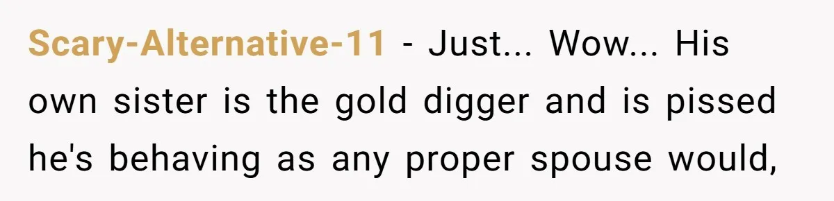 Scary-Alternative-11 − Just... Wow... His own sister is the gold digger and is pissed he's behaving as any proper spouse would,