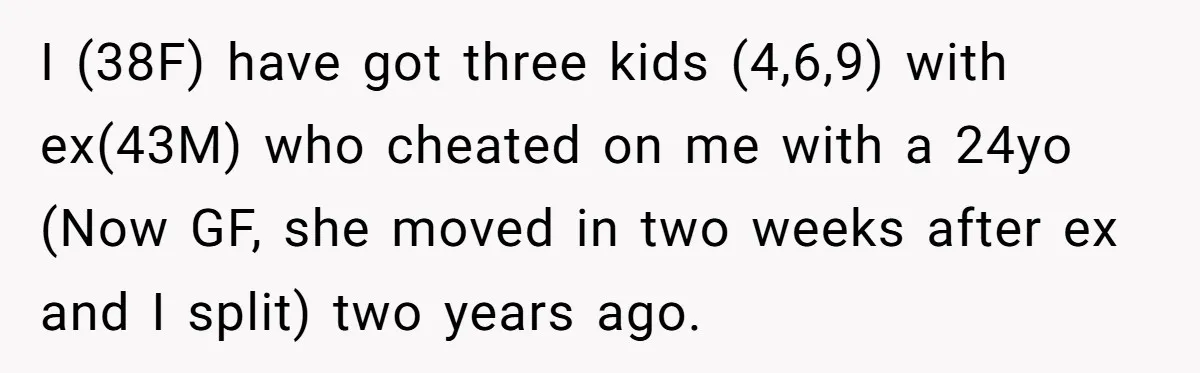 Woman Yells At Ex’s Girlfriend In Front Of Kids After She Tries To Force Them To Call Her ‘Mom’ I (38F) have got three kids (4,6,9) with ex(43M) who cheated on me with a 24yo (Now GF, she moved in two weeks after ex and I split) two years...