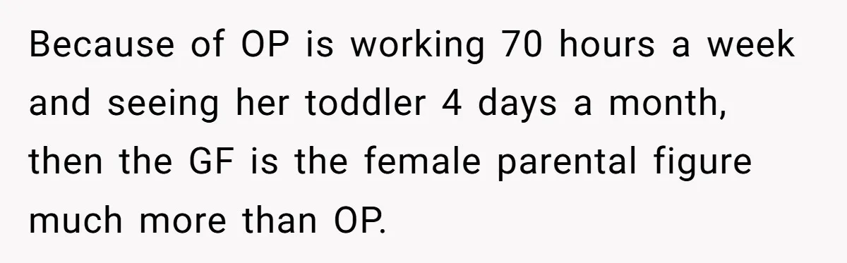 Woman Yells At Ex’s Girlfriend In Front Of Kids After She Tries To Force Them To Call Her ‘Mom’ Because of OP is working 70 hours a week and seeing her toddler 4 days a month, then the GF is the female parental figure much more than OP.