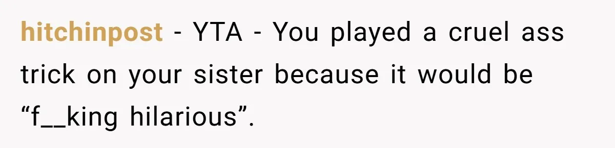 hitchinpost − YTA - You played a cruel ass trick on your sister because it would be “f__king hilarious”.