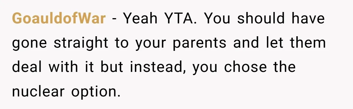 GoauldofWar − Yeah YTA. You should have gone straight to your parents and let them deal with it but instead, you chose the nuclear option.
