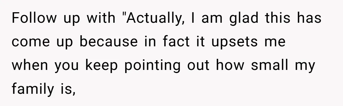 Follow up with "Actually, I am glad this has come up because in fact it upsets me when you keep pointing out how small my family is,