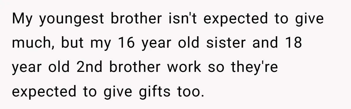 Woman Calls Out Mom For Expecting A $300 Gift On Her Own Birthday, Now Family Turns Against Her My youngest brother isn't expected to give much, but my 16 year old sister and 18 year old 2nd brother work so they're expected to give gifts too.