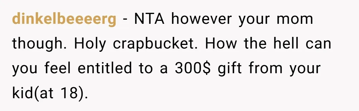 Woman Calls Out Mom For Expecting A $300 Gift On Her Own Birthday, Now Family Turns Against Her dinkelbeeeerg − NTA however your mom though. Holy crapbucket. How the hell can you feel entitled to a 300$ gift from your kid(at 18).