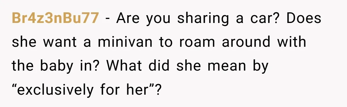 Pregnant Wife Asks For A Push Present, Husband Says She Isn’t Worth What She Wants Br4z3nBu77 − Are you sharing a car? Does she want a minivan to roam around with the baby in? What did she mean by “exclusively for her”?