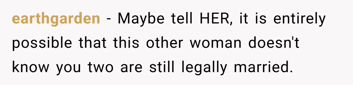Wife Finds Out Ex Is Getting ‘Married’, While They’re Still Legally Hitched And Hilariously Unaware earthgarden − Maybe tell HER, it is entirely possible that this other woman doesn't know you two are still legally married.