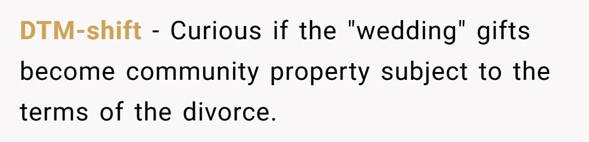 Wife Finds Out Ex Is Getting ‘Married’, While They’re Still Legally Hitched And Hilariously Unaware DTM-shift − Curious if the "wedding" gifts become community property subject to the terms of the divorce.
