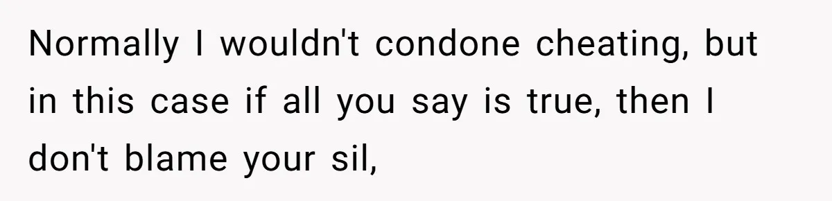 Wife Cheats, But The Whole Story Suggests That She May Be Not To Blame Normally I wouldn't condone cheating, but in this case if all you say is true, then I don't blame your sil,