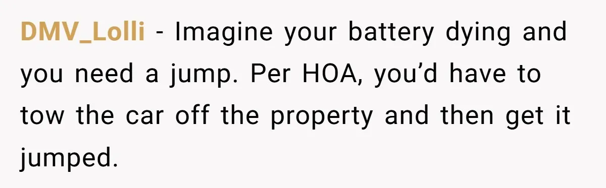 HOA Bans Repairing Cars In The Drive Way, Two Teens Find A Loophole To "Fight The Power" DMV_Lolli − Imagine your battery dying and you need a jump. Per HOA, you’d have to tow the car off the property and then get it jumped.