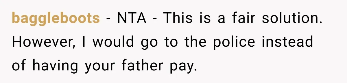 baggleboots − NTA - This is a fair solution. However, I would go to the police instead of having your father pay.