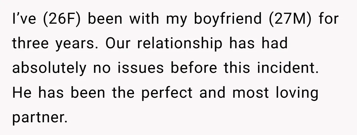 I’ve (26F) been with my boyfriend (27M) for three years. Our relationship has had absolutely no issues before this incident. He has been the perfect and most loving partner.