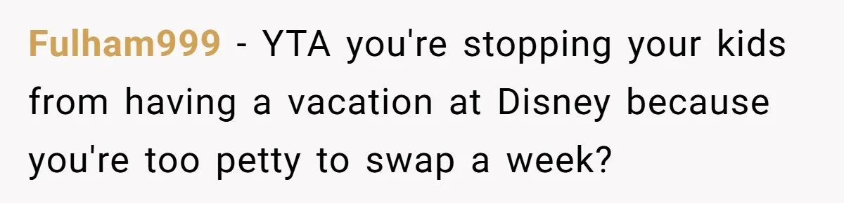 Mother Refuses To Swap Custody Week, Blocks Ex From Taking Kids To Disneyland And Turns Them Against Her Fulham999 − YTA you're stopping your kids from having a vacation at Disney because you're too petty to swap a week?
