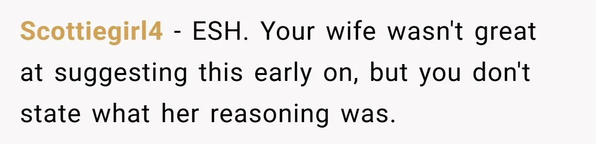 Scottiegirl4 − ESH. Your wife wasn't great at suggesting this early on, but you don't state what her reasoning was.