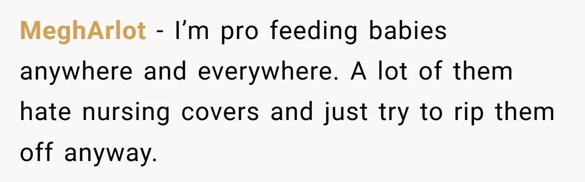 MeghArlot − I’m pro feeding babies anywhere and everywhere. A lot of them hate nursing covers and just try to rip them off anyway.