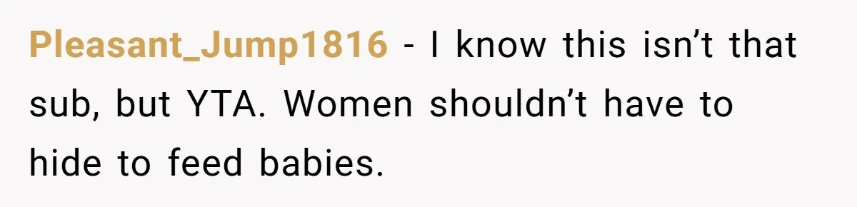 Pleasant_Jump1816 − I know this isn’t that sub, but YTA. Women shouldn’t have to hide to feed babies.