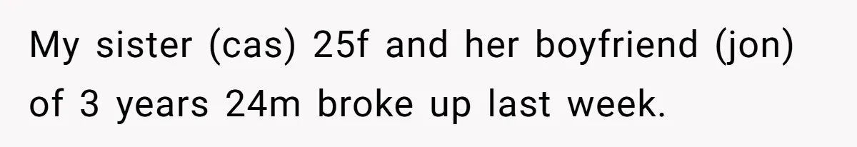 Her Sister Accused Her Ex Of Cheating, But She Exposed The Real Reason For The Breakup My sister (cas) 25f and her boyfriend (jon) of 3 years 24m broke up last week.