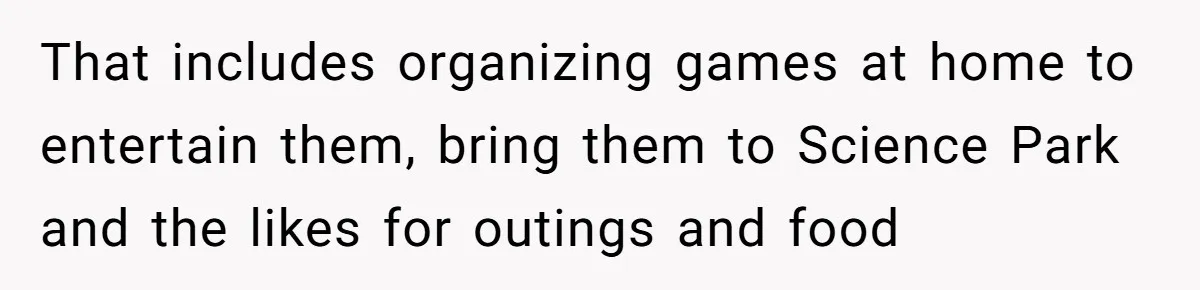 Woman Got Pocket Money For Babysitting Her Nephews... And Her Parents Are Fuming That includes organizing games at home to entertain them, bring them to Science Park and the likes for outings and food