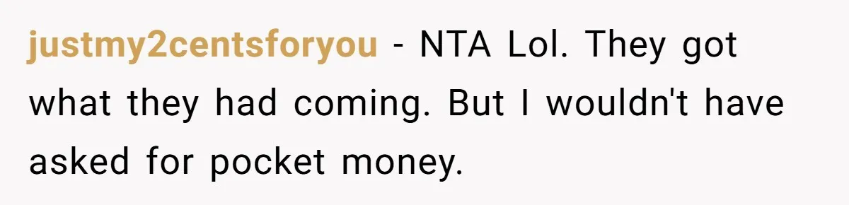 Woman Got Pocket Money For Babysitting Her Nephews... And Her Parents Are Fuming justmy2centsforyou − NTA Lol. They got what they had coming. But I wouldn't have asked for pocket money.