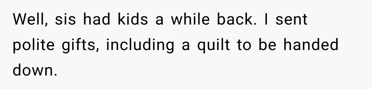 Woman Refused To Be The “Cool Aunt” Because She Didn't Want To Be A Free Babysitter Well, sis had kids a while back. I sent polite gifts, including a quilt to be handed down.
