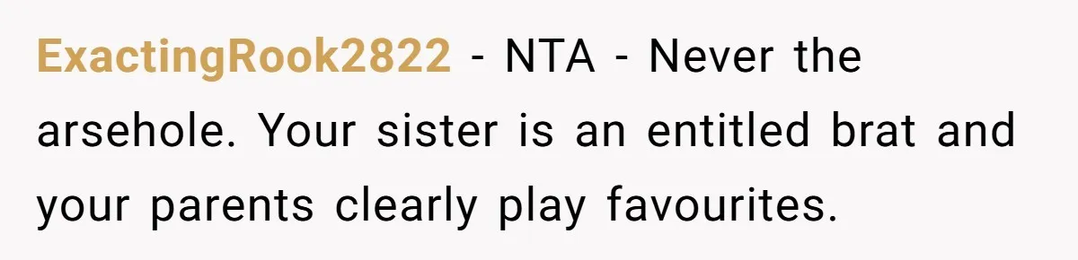 Woman Refused To Be The “Cool Aunt” Because She Didn't Want To Be A Free Babysitter ExactingRook2822 − NTA - Never the arsehole. Your sister is an entitled brat and your parents clearly play favourites.