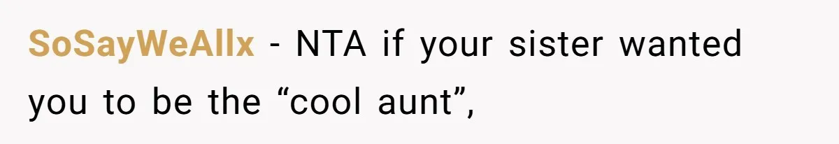Woman Refused To Be The “Cool Aunt” Because She Didn't Want To Be A Free Babysitter SoSayWeAllx − NTA if your sister wanted you to be the “cool aunt”,